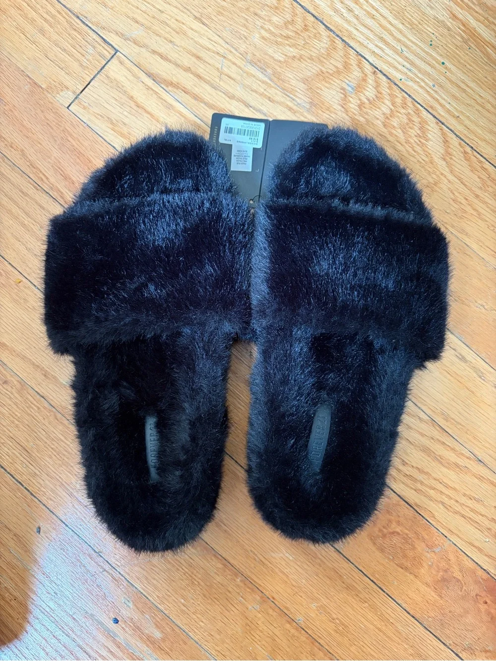 Forever 21 Black Faux Fur Slide Slippers